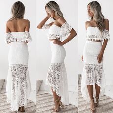 2019 Women White Lace Dress 2 Pcs Set Sexy Slash Neck Backless Pencil Dress Spring Dresses