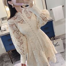 2020 Summer New Runway High Quality Black Lace Dress Women Lantern Sleeve Single-breasted Floral Stand Collar Hollow Out Dress