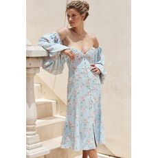 2020 new arrival blue floral bardot midi sundress women summer knee-length dress sexy off-shoulder long sleeve dress
