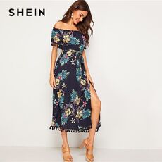 SHEIN Navy Tropical Print Tassel Trim Split Thigh Belted Bardot Dress Women Summer Off the Shoulder High Waist Boho Long Dresses