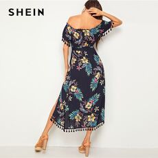SHEIN Navy Tropical Print Tassel Trim Split Thigh Belted Bardot Dress Women Summer Off the Shoulder High Waist Boho Long Dresses