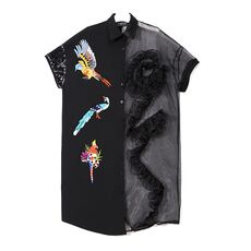 2020 Summer Women Black Midi Mesh & Chiffon Shirt Dress Plus Size Ruffle Embroidery Sequined Ladies Sheer Party Dress Robe 3392