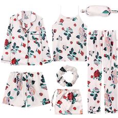 7 Pieces Womens Silk Satin Pajamas Sets Pyjamas Set Sleepwear Pijama Pajamas Suit Female Sleep Two Piece Set Loungewear