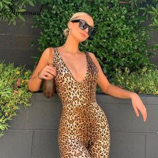 Simenual Leopard V Neck Fitness Biker Playsuits Sleeveless Sexy Fashion Rompers Womens Jumpsuits Skinny Summer Slim Playsuit Hot