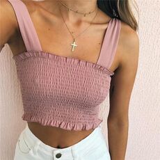 2020 New Summer Autumn Tube Crop top Women Bow Tie Strap Ruched tank Top Lettuce Edge Elastic Camis 5 colors