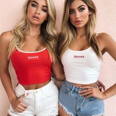 Sexy Women Crop Top 2018 Summer Honey Letter Embroidery Strap Tank Tops Cropped Feminino Ladies Elastic Shirt Vest Camisole