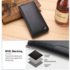 BISON DENIM Brand Genuine Leather Wallet RFID Blocking Clutch Bag Wallet Card Holder Coin Purse Zipper Male Long Wallets N8195