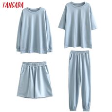 Tangada 2020 Autumn Women Terry 95% cotton suit oversized 4 pieces sets o neck hoodies sweatshirt shorts pants suits 6L30