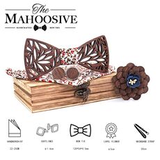 Paisley Wooden Bow Tie Handkerchief Set Men's Plaid Bowtie Wood Hollow carved cut out Floral design And Box Fashion Novelty ties