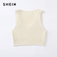 SHEIN Beige V-Neck Ribbed Knit Crop Sweater Vest Women Spring Sleeveless Solid Cute Top Slim Fit Casual Vests