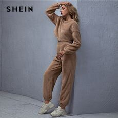 SHEIN Brown Drop Shoulder Teddy Crop Pullover and Sweatpants Set Winter Two Piece Women Warm Solid Casual 2 Piece Outfits