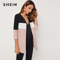 SHEIN Colorblock Round Neck Cut And Sew Open Front Basic Coat Women 2019 Autumn 3/4 Length Sleeve Ladies Casual Outwear Coats