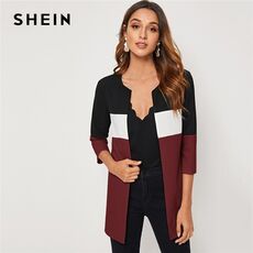 SHEIN Colorblock Round Neck Cut And Sew Open Front Basic Coat Women 2019 Autumn 3/4 Length Sleeve Ladies Casual Outwear Coats