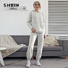 SHEIN Drop Shoulder Pouch Pocket Drawstring Hoodie and Sweatpants Set Women Spring Active Wear Two Piece Sets Casual Outfits