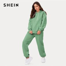 SHEIN Drop Shoulder Pouch Pocket Drawstring Hoodie and Sweatpants Set Women Spring Active Wear Two Piece Sets Casual Outfits