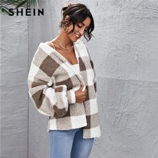SHEIN Multicolor Drop Shoulder Buffalo Plaid Teddy Coat Women Winter Lantern Sleeve Shearling Outwear Casual Coats