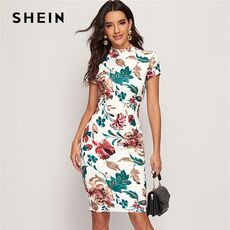 SHEIN Multicolor Mock-Neck Form Fitted Floral Print Dress Women Spring Cap Sleeve Bodycon Elegant Pencil Midi Dresses