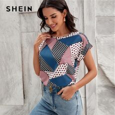 SHEIN Multicolor Patchwork Print Dolman Sleeve Top Women 2021 Summer Cap Sleeve Oversized Ladies Casual Tops and Blouses