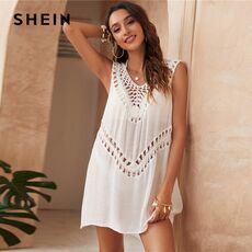 SHEIN White Solid Hollow Out Cover Up Women 2021 Summer Sleeveless V Neck Sheer Beachwear Tops Longline Ladies Cover Ups