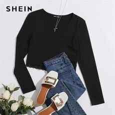 SHEIN White V-neck Lace Hem Rib-knit Tee Crop Top Women Autumn Long Sleeve Slim Fit Solid Casual T-shirt Tops