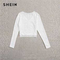 SHEIN White V-neck Lace Hem Rib-knit Tee Crop Top Women Autumn Long Sleeve Slim Fit Solid Casual T-shirt Tops