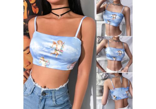 2019 New Fashion Women camisole Sling Top Vest Sleeveless Cold Shoulder The Angel Of Cupid Print Short Camis Female Summer Top
